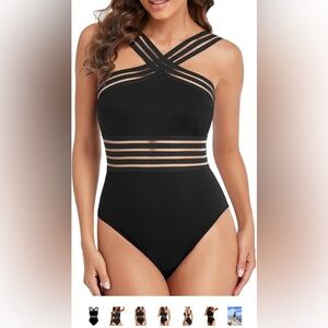 Black Mesh Stripe One-Piece Swimsuit Slimming High Waisted Monokini - NWT